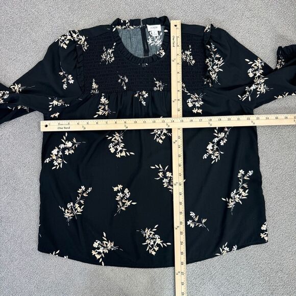J. Crew Floral Smocked Ruffle Trim Blouse Black Tan Large - Picture 11 of 12